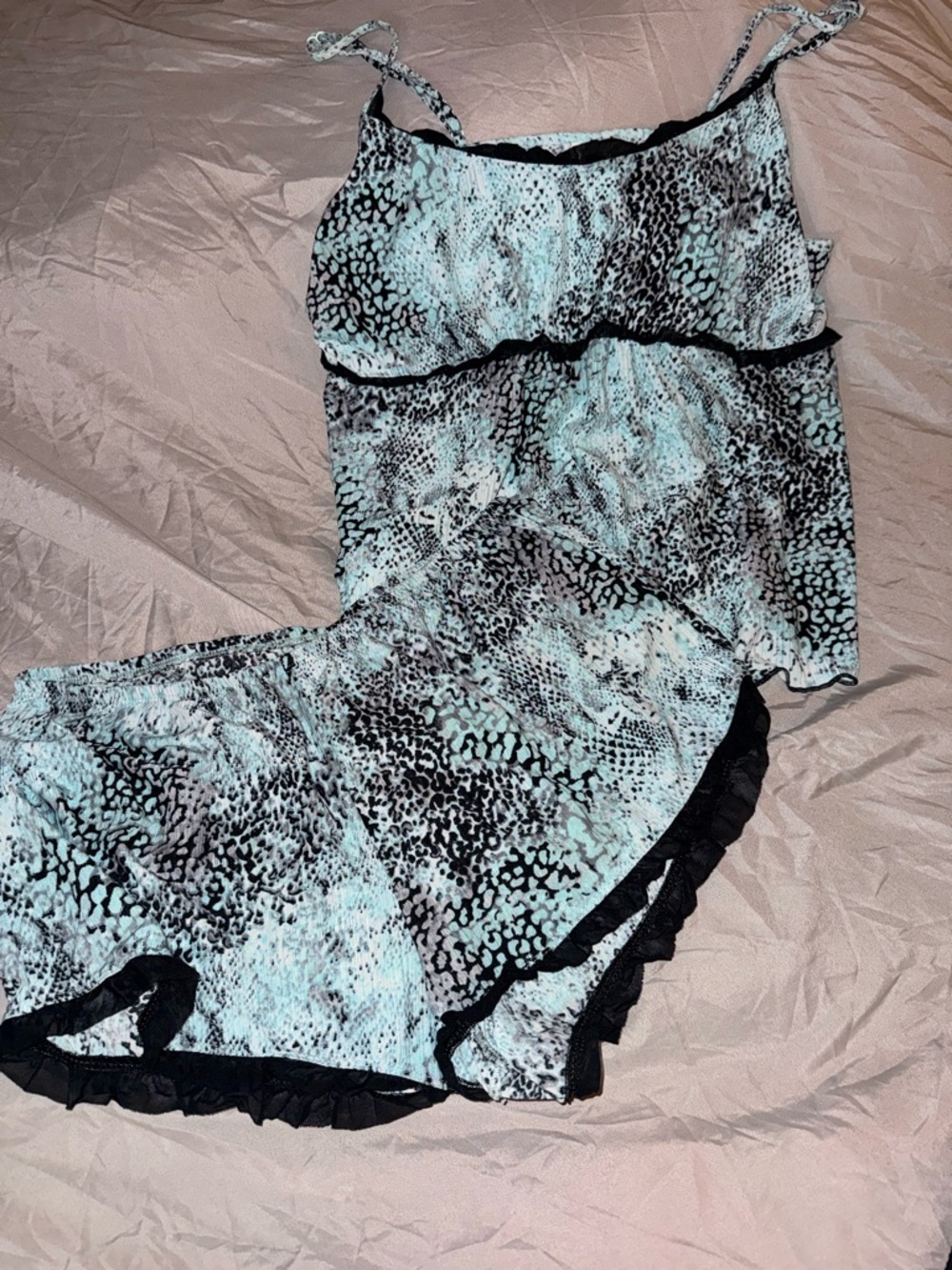 Secret Treasures Aqua & Black Animal-Print Satin Cami and Shorts Set